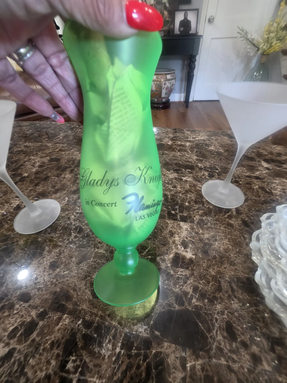 Source Unknown Frosted Martini Glasses with Neon Green Hurricane Glass